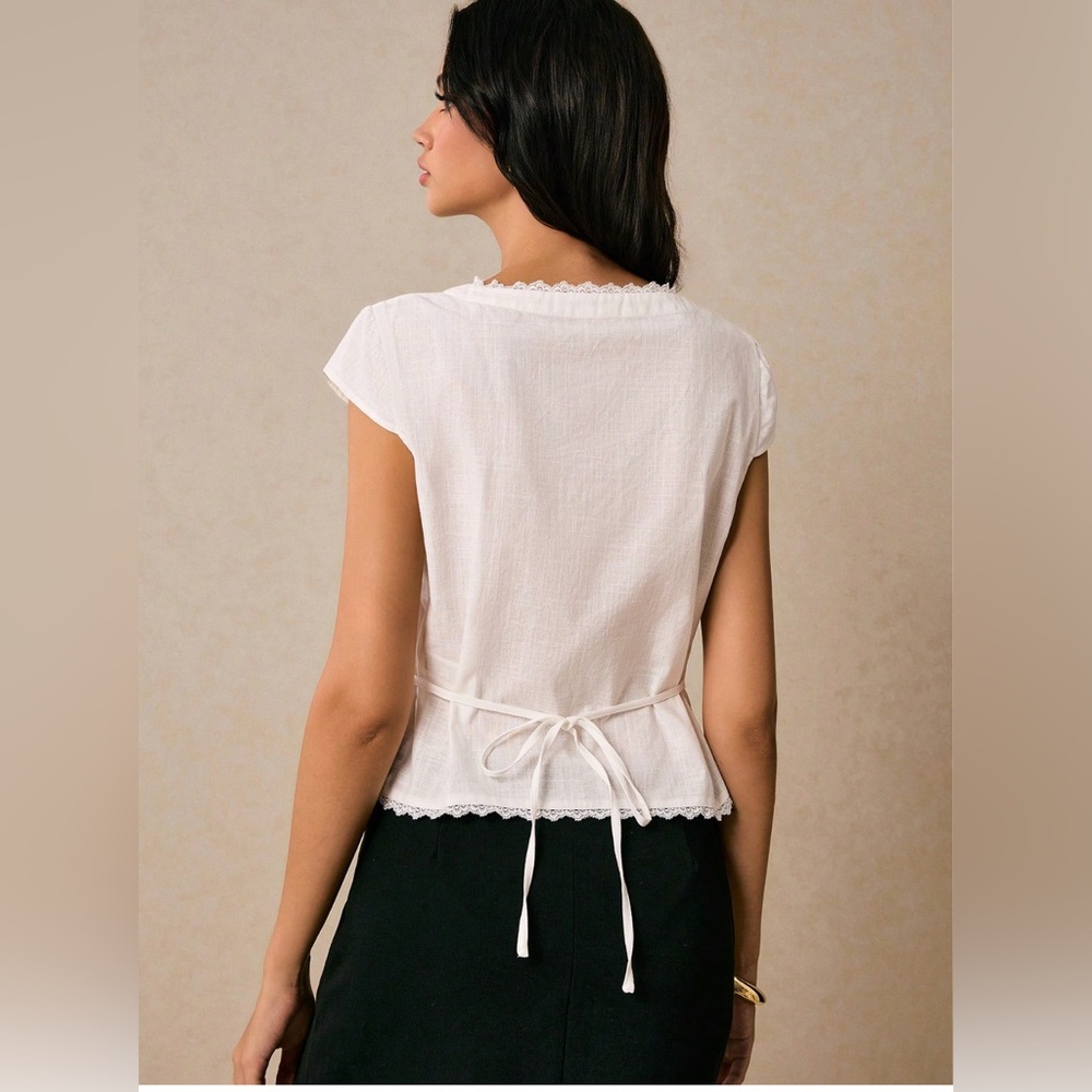 Boho Lace Cap Sleeve Single Button Blouse White - Picture 4 of 9